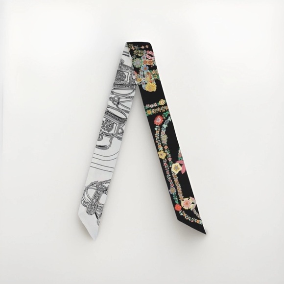 Hermes Twilly Brides de Gala en Fleurs Blanc / Black / Multicolor Silk Scarf - Picture 1 of 3